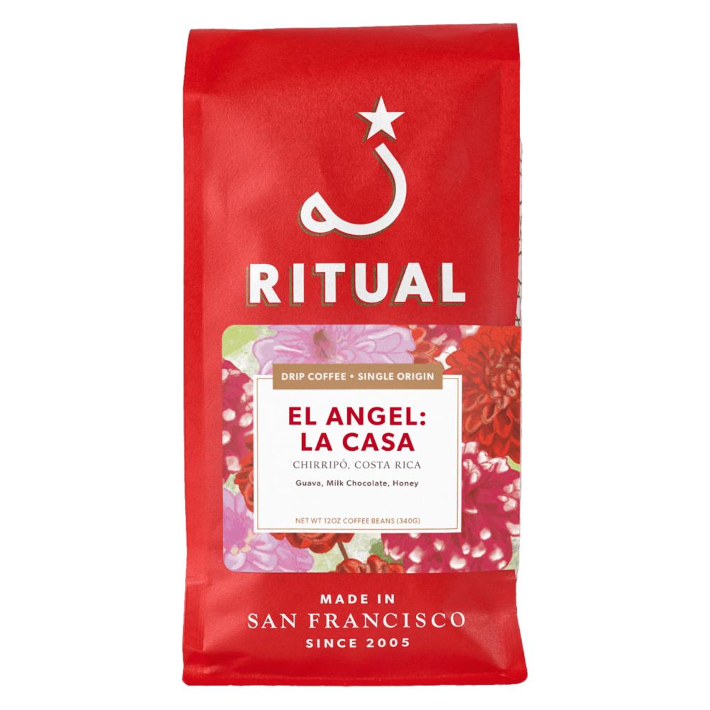 Red coffee bag with Ritual branding and product details on a white background