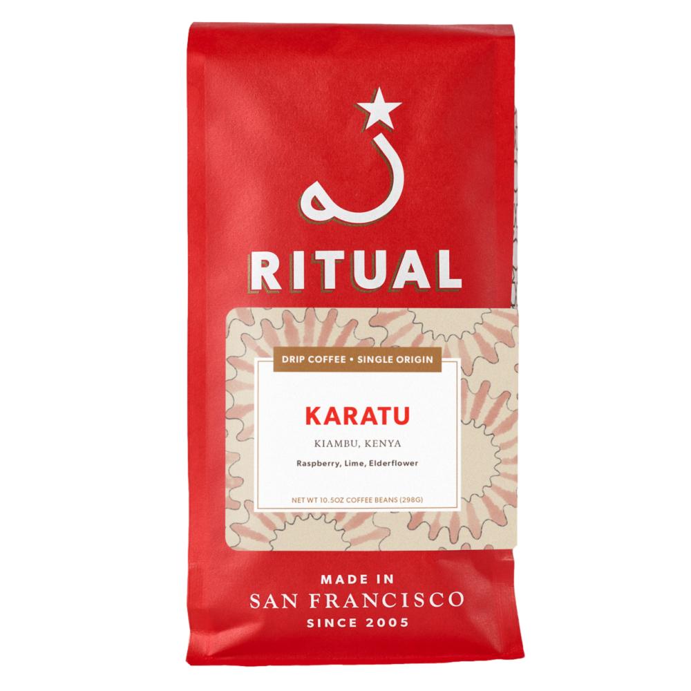 Red coffee bag with 'Ritual' branding and 'Karatu' coffee details on a white background