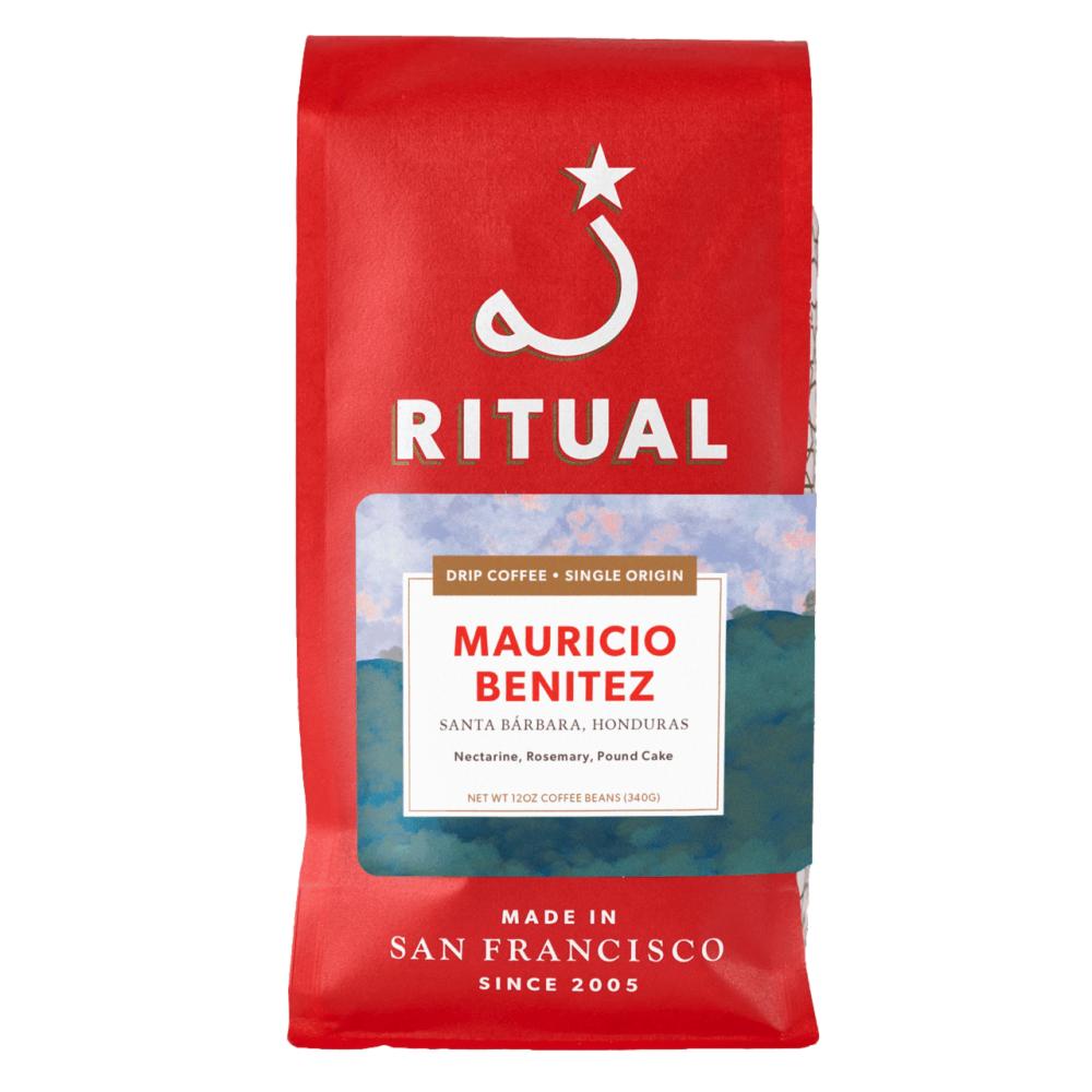 Red coffee bag with 'Ritual' branding and product details on a white background – Ritual Coffee main product