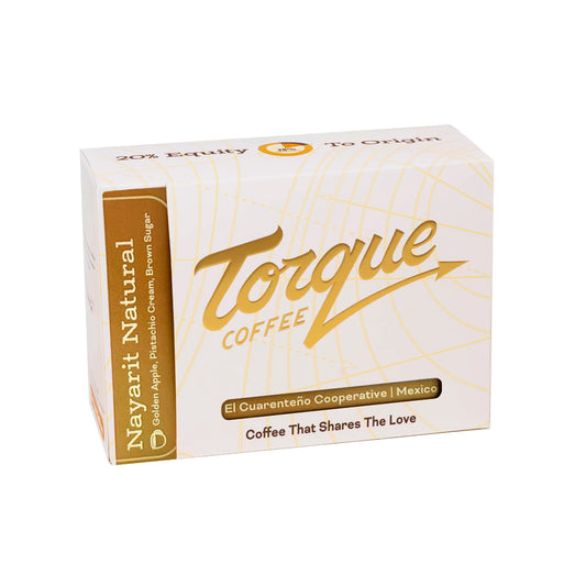 A box of Torque Coffee Nayarit Natural Organic Coffee Cream, Brown Sugar, shown on a plain white background.